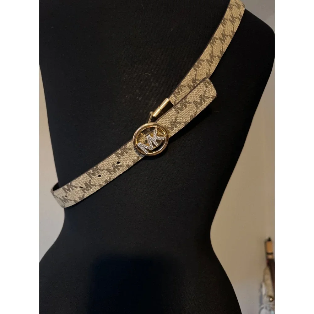 Michael Kors Reversible‎ Belt Monogram Pave Crystal Logo Gold Buckle Womens